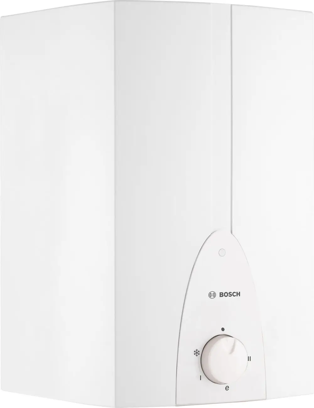 Weißer Wasserboiler von Bosch mit rundem Steuerelement zur Temperatureinstellung und schlichtem, funktionalem Design für die Wandmontage.